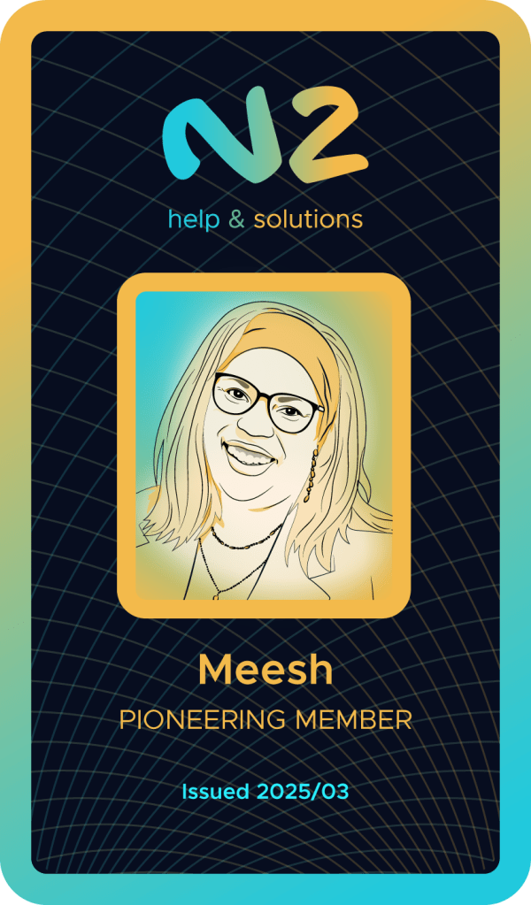 Illustration of a smiling woman with glasses and long hair, wearing a headscarf. The image is part of a membership card design featuring the text 'N2 help & solutions' and designations like 'Pioneering Member' and 'Issued 2025/03'.