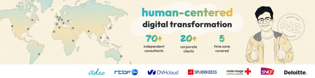 Illustration highlighting human-centered digital transformation with a world map, featuring consultant statistics, and logos of partner companies.