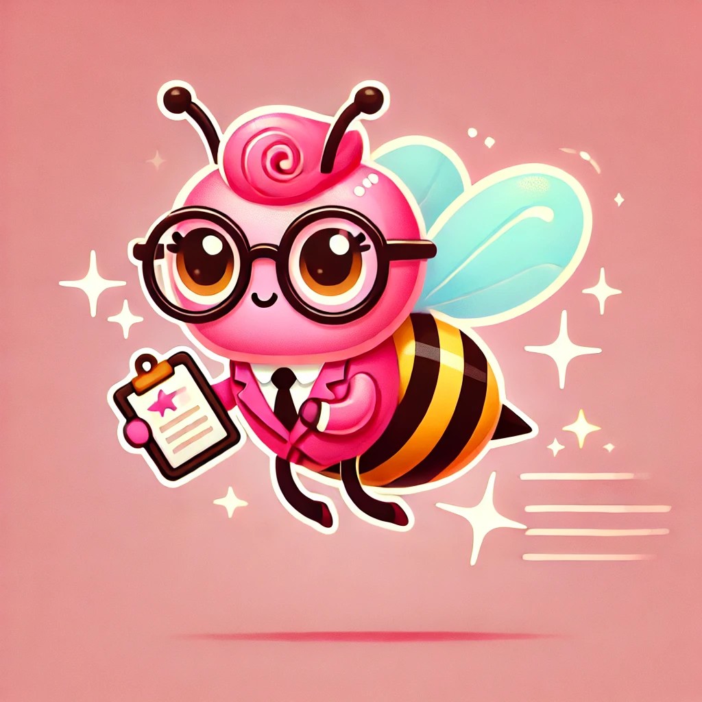 A cute cartoon bee with pink coloring, wearing glasses and a business suit, holding a clipboard on a pink background.