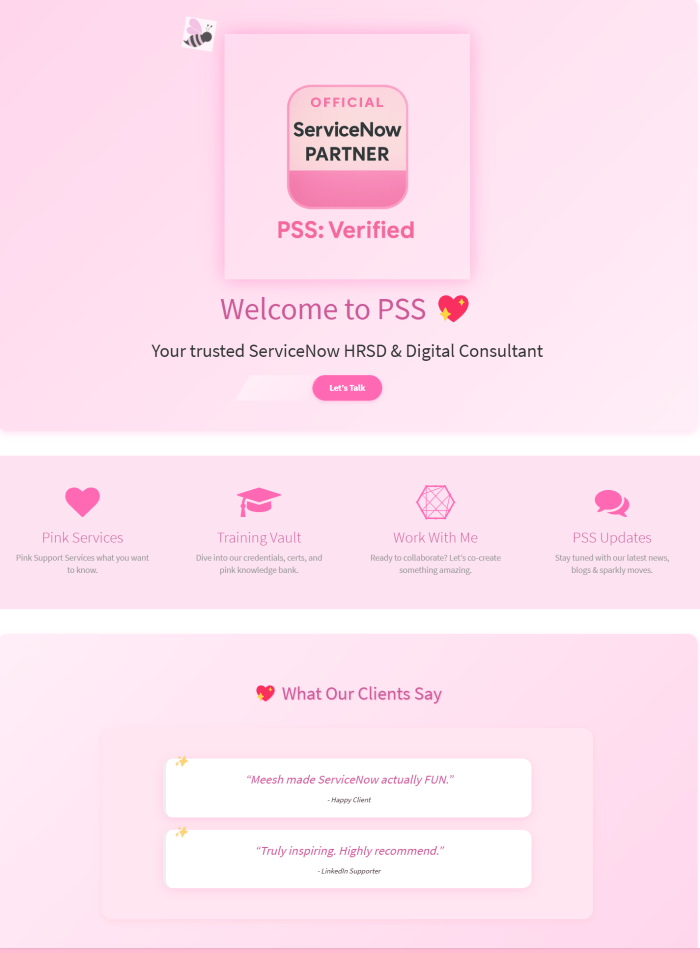 Homepage for PSS, a verified ServiceNow partner, featuring a pink theme with sections on services, training, client testimonials, and updates.